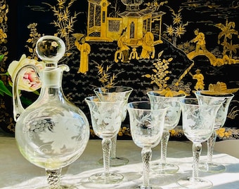 Vintage Etched Grapevine Wine Decanter Set: Antique Style Green Glass, 7-Piece