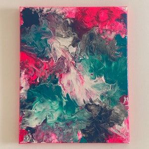 May include: Abstract painting with swirling colours of pink, green, white, and black. The colours are blended together to create a unique and dynamic design.