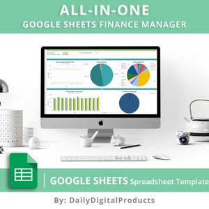 May include: A computer screen displaying a Google Sheets spreadsheet template for managing finances. The spreadsheet includes charts and graphs showing income, expenses, and budget information. The text "ALL-IN-ONE GOOGLE SHEETS FINANCE MANAGER" is displayed at the top of the screen. The text "GOOGLE SHEETS Spreadsheet Template" is displayed below the screen. The text "By: DailyDigitalProducts" is displayed below the spreadsheet template.