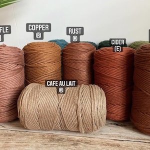 May include: Close-up of ten spools of cotton rope in various shades of brown, including Truffle (E), Copper (R), Rust (R), Cafe Au Lait (R), Cider (E), and Cocoa Brown (E).