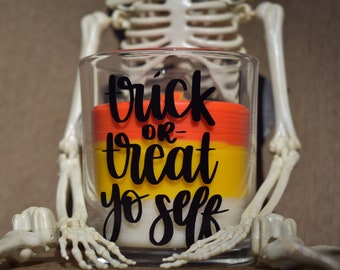 Trick or Treat, Halloween Candle, Halloween Home Decor, Personalized Decor, Decorations, Candy Corn, Fall Decor, Fall Soy Candle, Pumpkin