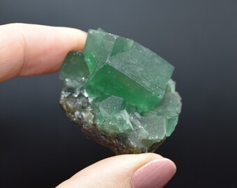 May include: A cluster of green fluorite crystals on a matrix. The crystals are sharp and well-formed, with a glassy luster.