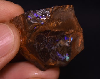 May include: A rough, brown, and iridescent opal with flashes of blue and purple. The opal is a natural gemstone.