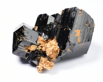 Turmalina negra brillante sobre feldespato - Cúmulo de cristal de Schorl en bruto - Ejemplar mineral natural - 67 gramos - Crystal Decor