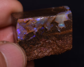 May include: A rough, dark brown rock with a section of iridescent opal showing blue, purple, and green colors.