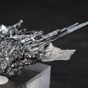 May include: A mineral specimen featuring a cluster of dark, metallic, needle-like crystals radiating from a central point. The structure includes a prominent, elongated, prismatic crystal extending outward, set against a dark, textured base.