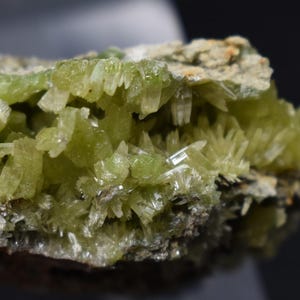 Puede incluir: Primer plano de un espécimen mineral con grupos de estructuras cristalinas de color verde claro. Los cristales tienen una apariencia espinosa y radiante, sobre una matriz más oscura y texturizada. La paleta de colores está dominada por tonos verdes y grises.