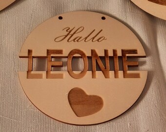 Wooden sign, name tag, milestone, baby, desired name personalized, baby gift birth, baby room, engraving, hello baby, wooden decoration