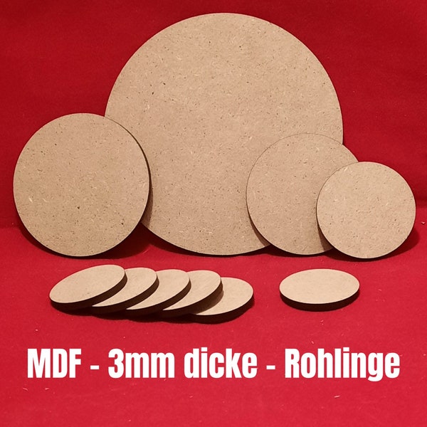 MDF Holzscheiben Rohlinge zum bemalen und gravieren, basteln und zum Dekorieren in 30 Größen, 10mm - 300mm, 0,39" zoll -  11,81" zoll