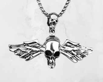 Necklace with Skull Angel Wing Pendant Biker Jewelry Gothic