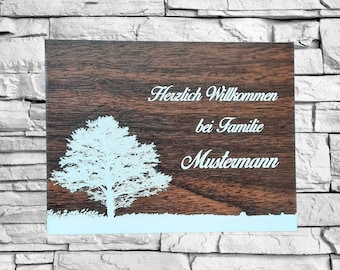 Türschild Namensschild Wandschild Klingelschild Baum Motiv Haustür Acryl Kunststoff selbstklebend mit Gravur Personalisiert viele Größen