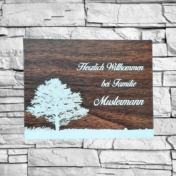 Türschild Namensschild Wandschild Klingelschild Baum Motiv Haustür Acryl Kunststoff selbstklebend mit Gravur Personalisiert viele Größen