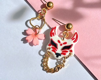 Kitsune mask earrings, asymmetric earrings, sakura earrings, japanese earrings, asian polymer clay earrings