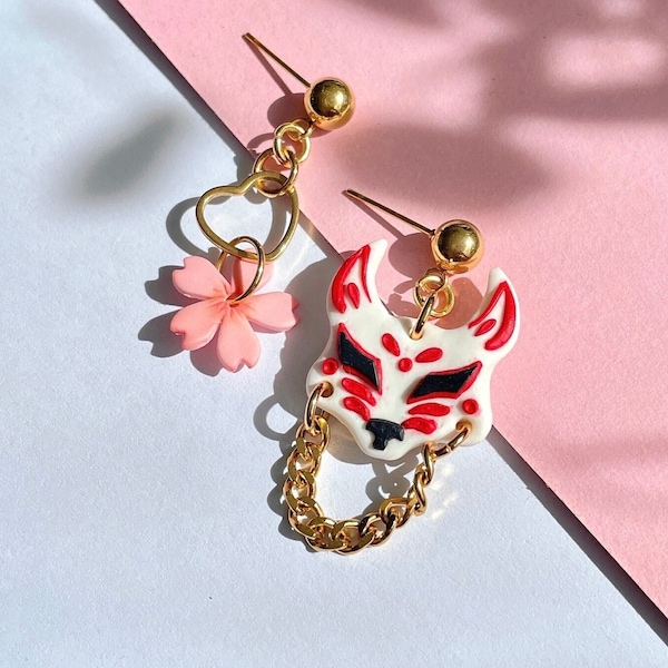 Kitsune mask earrings, asymmetric earrings, sakura earrings, japanese earrings, asian polymer clay earrings