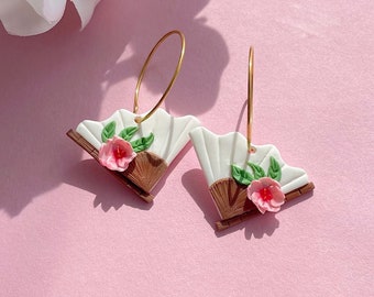 Fan earrings, hypoallergenic hoops, polymer clay jewelry, unusual earrings, japanese fan earrings