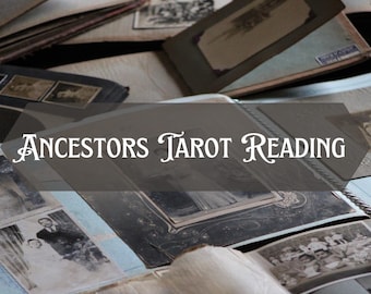 Puede incluir: Una variedad de álbumes de fotos antiguos y fotografías sueltas, con el texto "Ancestors Tarot Reading" superpuesto. Las imágenes en blanco y negro varían en tamaño y estilo, sugiriendo un tema de historia familiar y adivinación.