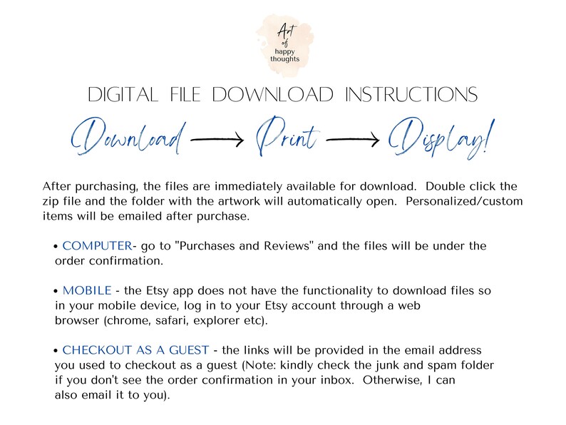 Pode incluir: Instru&ccedil;&otilde;es de download de arquivos digitais para ilustra&ccedil;&otilde;es. O texto diz "Baixar Imprimir Exibir!" e fornece instru&ccedil;&otilde;es para baixar arquivos em um computador, dispositivo m&oacute;vel ou como convidado.