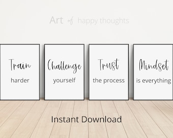 Conjunto de arte de parede para academia em casa, decoração de parede de pôster de treino, conjunto de arte de parede para impressão, citação motivacional, citação inspiradora, mentalidade é tudo