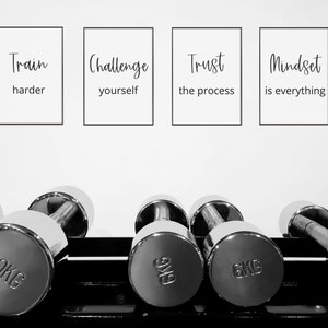 May include: Black and white motivational posters with the text "Train harder", "Challenge yourself", "Trust the process", and "Mindset is everything" hanging on a white wall above a rack of silver dumbbells. The dumbbells are labeled with weights in kilograms.