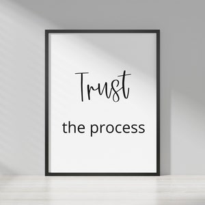 May include: A black framed print with white background and black text that reads "Trust the process".
