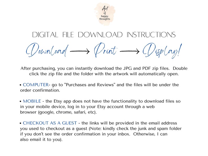 May include: Digital file download instructions for a printable design. The text reads "Download Print Display!" and provides instructions for downloading files on a computer, mobile device, or as a guest.