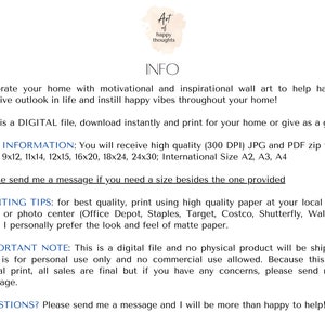 May include: Digital printable wall art with the text "At happy thoughts" in a pink watercolor circle. The text "INFO" is in black text. The text "Decorate your home with motivational and inspirational wall art to help have a positive outlook in life and instill happy vibes throughout your home!" is in black text. The text "This is a DIGITAL file, download instantly and print for your home or give as a gift." is in black text. The text "SIZE INFORMATION: You will receive high quality (300 DPI) JPG and PDF zip files. 8x10, 9x12, 11x14, 12x15, 16x20, 18x24, 24x30; International Size A2, A3, A4" is in black text. The text "Please send me a message if you need a size besides the one provided" is in black text. The text "PRINTING TIPS: for best quality, print using high quality paper at your local print shop or photo center (Office Depot, Staples, Target, Costco, Shutterfly, Walmart, etc). I personally prefer the look and feel of matte paper." is in black text. The text "IMPORTANT NOTE: This is a digital file and no physical product will be shipped. This is for personal use only and no commercial use allowed. Because this is a digital print, all sales are final but if you have any concerns, please send me a message." is in black text. The text "QUESTIONS? Please send me a message and I will be more than happy to help!" is in black text.