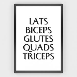 May include: Black framed print with the words LATS, BICEPS, GLUTES, QUADS, and TRICEPS in a bold, sans-serif font. The text is in black with a subtle shadow effect, set against a white background.