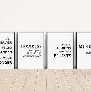 Home Gym Wall Art Set, Workout Poster Wall Decor, Printable Wall Art Set of 4, Motivational Quote, Mindset is Everything, Digital Download