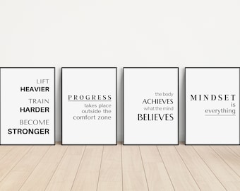 Home Gym Wall Art Set, Workout Poster Wall Decor, Printable Wall Art Set of 4, Motivational Quote, Mindset is Everything, Digital Download
