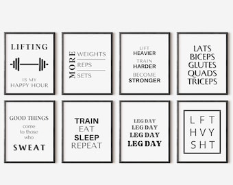 Puede incluir: Un conjunto de ocho impresiones enmarcadas con citas motivacionales de fitness en texto negro sobre fondo blanco. Las impresiones presentan frases como "Lifting is my happy hour" y "Train Eat Sleep Repeat", ideales para un gimnasio en casa.
