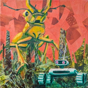 beetle insect in landscape with robot rover original art on canvas
