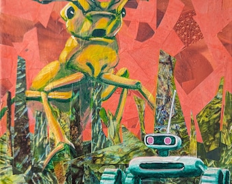 beetle insect in landscape with robot rover original art on canvas