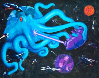 octopus and tardigrade water bear fighting in outer space original art on canvas