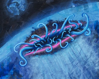 Painting of alien spaceship with tentacles