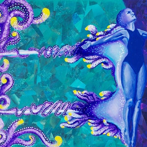Art print unframed -- diving woman with tenticles