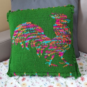 Green Cushion Cover with Rooster, Knitted Rainbow Rooster, Easter Bedroom Decoration, Woolen Pillow Case