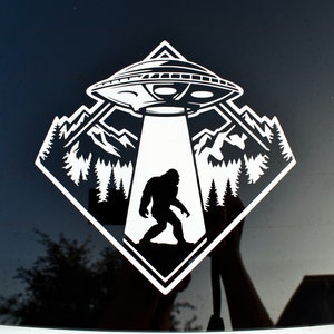UFO Cryptid Decal | Bigfoot Forest Mountains Sticker | Alien UAP Sasquatch Abduction Vinyl