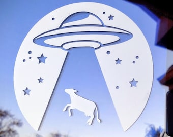 Cosmic Cow Vinyl Decal: Funny Alien Abduction Bumper Sticker