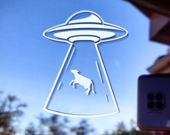 Cow Abduction Vinyl Decal || Alien UFO UAP Sticker || Funny Martian Greys Extraterrestrial Bumper Sticker