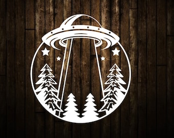 UFO Starry Sky Vinyl Decal | Alien Abduction Outdoors Sticker | UAP Forest Woods Stars Bumper Sticker