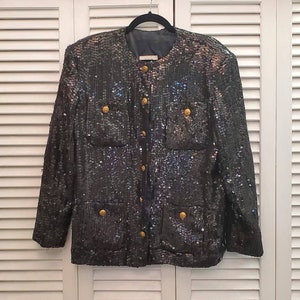 Vintage 80s 1985 Jeanette for St Martin Black Sequin Blazer Jacket Womens Large L