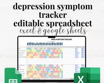 Suivi de la dépression, feuille Google Excel, suivi quotidien des symptômes, journal de la dépression, suivi de l'humeur, suivi de la santé mentale, feuille de calcul des symptômes de la dépression