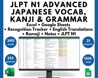 May include: A computer screen displaying a spreadsheet with Japanese vocabulary, kanji, and grammar. The spreadsheet is labeled "JLPT N1 Advanced Japanese Vocab, Kanji & Grammar". The spreadsheet includes 3451 words, 253 grammar points, and 1504 kanji.