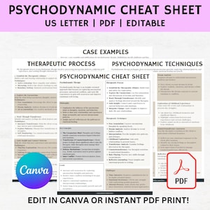 Könnte beinhalten: Ein weißes Psychodynamik-Cheat Sheet mit schwarzem Text, beschriftet mit "US LETTER | PDF | EDITABLE". Das Sheet enthält Abschnitte zu therapeutischen Prozessen und Techniken, mit einem Canva-Logo und einem PDF-Symbol.