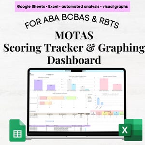 Op de afbeelding: Een laptopscherm toont een scoring tracker en graphing dashboard voor ABA BCBAS & RBTS. Het scherm toont grafieken en data-analyse. De afbeelding bevat Google Sheets- en Excel-pictogrammen, met de tekst "Google Sheets • Excel • automated analysis • visual graphs".