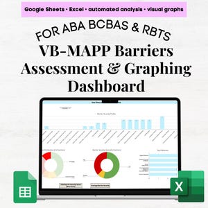 May include: A laptop screen displaying a VB-MAPP Barriers Assessment and Graphing Dashboard with charts and data. Text reads: Google Sheets, Excel, automated analysis, visual graphs, FOR ABA BCBAS & RBTS, VB-MAPP Barriers Assessment & Graphing Dashboard.