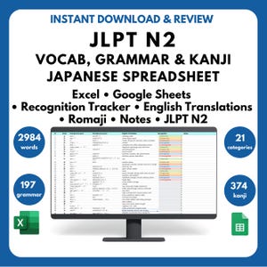 Japanisch lernen JLPT N2 Tabelle, Vokabeln, Kanji, Grammatik, Lern-Tracker, Japanische Sprache Üben, Japanisch Japanisch lernen, Excel