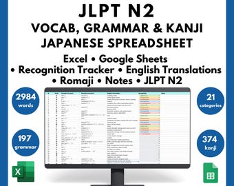 May include: A computer screen displaying a spreadsheet with Japanese vocabulary, grammar, and kanji for the JLPT N2 level. The spreadsheet includes English translations, romaji, and notes. The spreadsheet is available for instant download and review in Excel or Google Sheets format. The spreadsheet contains 2984 words, 197 grammar points, and 374 kanji.