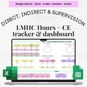 May include: A laptop computer screen displaying a Google Sheets spreadsheet with a colorful design. The spreadsheet is titled "LMHC Hours + CE tracker & dashboard" and is used to track direct, indirect, and supervision hours for a Licensed Mental Health Counselor. The spreadsheet includes a chart, graphs, and a table.