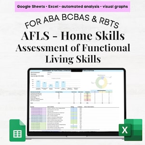 May include: A laptop screen displays a spreadsheet with data analysis charts and graphs. The text on the screen reads "Assessment of Functional Living Skills" and "AFLS". The image also includes a green Google Sheets icon and a green Excel icon.